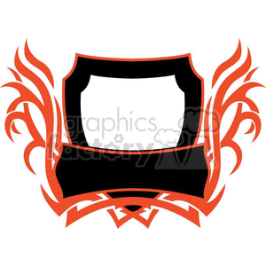 A decorative clipart image featuring a blank shield-like emblem with surrounding tribal flame designs in orange and black colors.