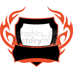 A black shield-shaped frame with an orange flame design surrounding it. There is a blank black banner at the bottom, likely for text.