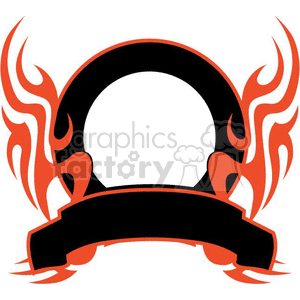A decorative clipart with a circular black frame featuring red and orange flame designs on both sides and a blank banner at the bottom.