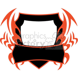 This image features a blank shield emblem with an ornate design. The shield is predominantly black with red flame-like accents surrounding it. There's a blank banner below the shield, ideal for adding text or customization.