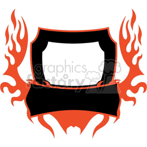 A bold and vibrant clipart design featuring a shield-like frame surrounded by flames. The frame is primarily black with orange flames creating a dramatic and energetic look. Below the frame, an area for text is also present, making it ideal for various purposes such as badges, labels, or emblems.