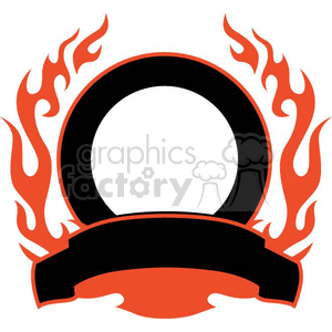 A round clipart image with a blank center, surrounded by red flames, and featuring a blank black banner at the bottom.