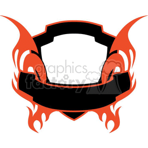 A clipart image featuring a blank shield design with red flames surrounding it and a black banner across the middle.