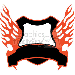 A clipart image featuring a black shield with orange flames on both sides, and a blank banner below it.