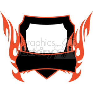 A clipart image featuring a fiery frame with red flames surrounding a black shield and blank banner.