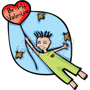 A cartoon boy in green pajamas is flying away, holding a heart-shaped balloon with 'Be My Valentine' written on it. Birds are flying around him.