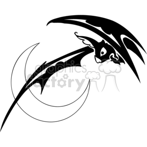 This clipart image features two bats in flight with their wings spread wide, positioned against a backdrop of a crescent moon. The design is in black and white, making it suitable for vinyl cutting and various graphic applications, particularly themed around Halloween, depicting nocturnal, spooky, and scary elements.