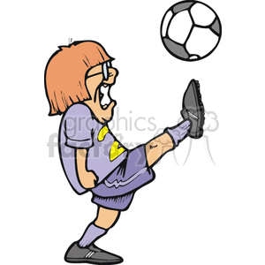   Girl kicking a soccer ball as hard as she can. 