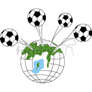 The clipart image depicts a stylized version of the Earth with multiple soccer balls popping out from the top. The Earth is shown with green areas representing land and blue areas representing water. The soccer balls are drawn in the classic black and white pentagon and hexagon pattern, symbolizing the global popularity of soccer.