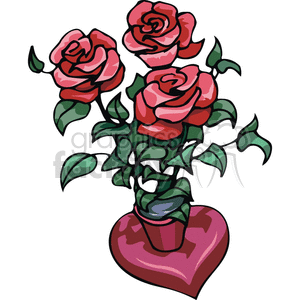 Clipart of a bouquet of red roses in a heart-shaped vase.