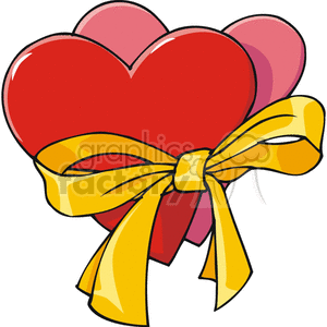 A clipart image of two overlapping hearts, one red and one pink, bound together with a yellow ribbon.