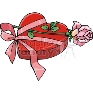 A clipart image of a heart-shaped red gift box tied with a pink ribbon, adorned with a pink rose.