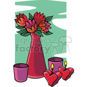 Flowers in a vase with heart shaped candles