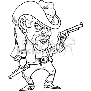 A cartoon-style illustration of an angry gunslinger cowboy holding two guns, wearing a cowboy hat and boots.