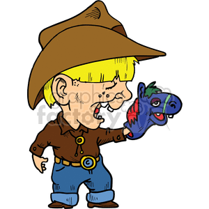 A cartoon cowboy kid wearing a hat and holding a funny horse puppet.