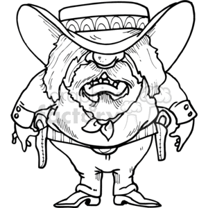 The clipart image shows a black and white cartoon of a cowboy Gunslinger, with his hands on his gun holsters, looking angry and mean. He is depicted in a humorous and grumpy style commonly found in Westerns.
