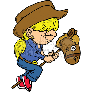 A cartoon-style illustration of a child dressed as a cowboy or cowgirl, riding a toy hobby horse. The child has blond hair, a cowboy hat, blue outfit, and red shoes.