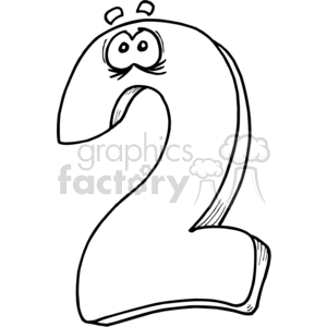 A black and white clipart image of the number 2 with animated eyes and a playful expression.