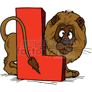 The clipart image shows a red capital letter L designed in a cartoon style with a lion standing behind it. It would be useful for teaching children words to go with letters
