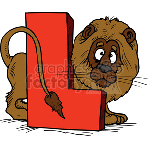 The clipart image shows a red capital letter L designed in a cartoon style with a lion standing behind it. It would be useful for teaching children words to go with letters