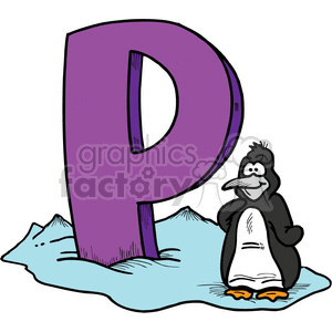 A cute clipart image featuring a cartoon penguin standing next to a large purple letter 'P' on a patch of ice.