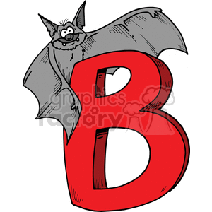 Clipart image of a cartoon bat holding onto a large red letter 'B'. The bat is gray with an expressive face and wide wings, creating a playful and friendly design.