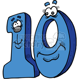 Clipart image of the number one and zero in blue color with cartoon faces. The numbers appear to be happy and have expressive eyes, smiling mouths, and eyebrows.