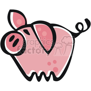 The image is a simple and stylized representation of a pink pig. It features a cartoonish pig with prominent characteristics such as a snout, ears, and a curly tail. The pig is primarily pink with accents of darker shades to indicate shadows and details like spots on its cheek, representing a classic pigmentation pattern.