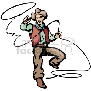 A cartoon-style illustration of a cowboy wearing a hat and vest, skillfully twirling a lasso in a dynamic pose.