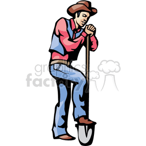 A clipart image of a cowboy in Western attire leaning on a shovel, depicting a character from the Wild West.