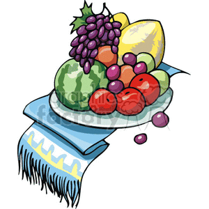 A colorful clipart image of a plate filled with various fruits including grapes, watermelon, apples, and a lemon, placed on a blue decorative cloth.