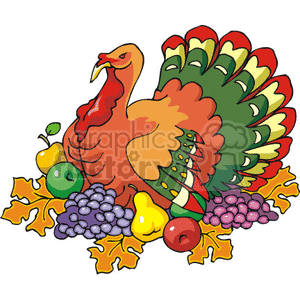 A colorful Thanksgiving turkey surrounded by fruit and autumn leaves.