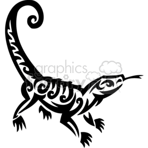 The image is a black and white tribal design of a lizard, featuring stylized lines and curves that form the silhouette and patterned body of the reptile. The design is bold and graphic, suggesting it could be used as a vinyl decal or a tattoo template.
