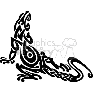 The image is a black-and-white vector illustration of a tribal-style lizard. The design features fluid and curvilinear shapes that form the body and limbs of the lizard, with shapes and lines that suggest a tribal art influence. The lizard is stylized rather than realistic and appears to be in a dynamic pose.