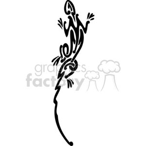This clipart image features a stylized depiction of a lizard with tribal design elements. The lizard is shown in a dynamic, curving pose, with its limbs and tail characterized by bold, swirling lines, representative of a tribal artistic style. The image is in high contrast black and white, making it suitable for vinyl-ready applications such as decals, stickers, or T-shirt designs.