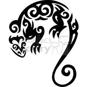 The clipart image depicts a stylized, tribal design of a lizard, featuring curving lines and ornate patterns. The image is in black and white, suitable for vinyl cutting or similar applications.