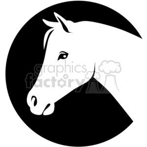 Black and white clipart image of a horse's head inside a black circle.