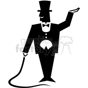 A black and white clipart image of a circus ringmaster in a tuxedo and top hat, holding a whip and gesturing with an outstretched arm.