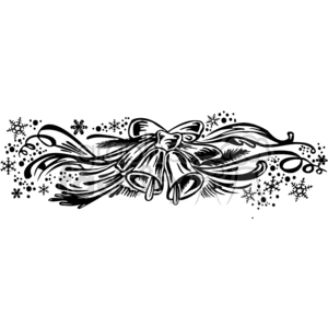 A decorative black and white Christmas clipart image featuring bells, ribbons, pine branches, and snowflakes.