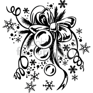 A festive black and white Christmas clipart featuring a bow with ornaments, pine branches, and snowflakes, designed for vinyl cutting.