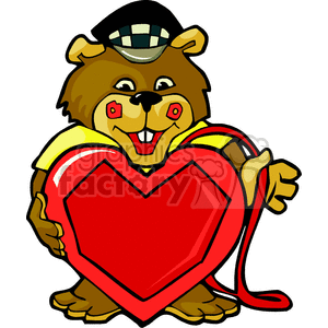 A cartoon teddy bear wearing a hat and holding a large red heart, conveying themes of love and humor.