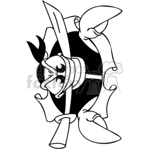 The clipart image depicts a stylized cartoon of a crab holding a cutlass (pirate sword) with one claw and a pistol with the other. The crab has an eye patch, usually associated with the pirate archetype, which emphasizes the pirate theme. The image is black and white, with bold lines, making it suitable for a variety of illustrative purposes.