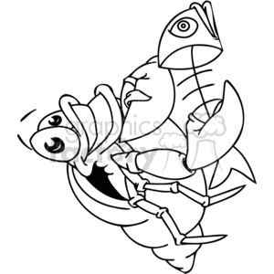 The image depicts a humorous black and white line drawing of a hermet crab holding a fishbone. It has exaggerated facial expressions, with large eyes, which contribute to the comedic nature of the clipart.