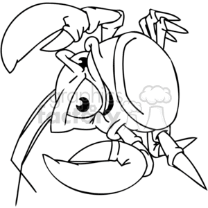 The image is a black and white clipart of a cartoon crab. The crab has a playful and humorous expression, featuring large claws, eyes on stalks, and a round body.