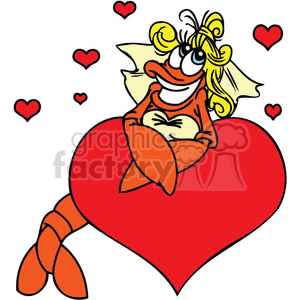 The image is a colorful clipart that depicts a whimsical, cartoonish lobster with human-like facial features and a blonde hairdo. The lobster is orange and is positioned in front of a large red heart, suggesting a Valentine's Day theme. Smaller red hearts are floating around, which adds more emphasis to the love and Valentine's concept. The fish appears to have arms and is striking a playful, endearing pose, crossing its 'hands' over its 'belly' and smiling, which contributes to the funny and affectionate nature of the illustration.