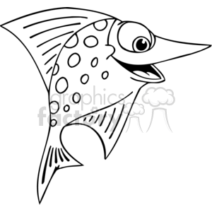 This is a black and white clipart image depicting a stylized fish with a funny expression. The fish has a large, bulging eye, a pointed snout, and its body is decorated with dots and lines that may represent scales. Its fins and tail are drawn with bold, flowing lines to accentuate its shape.