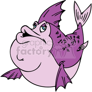 The image depicts a whimsical, cartoonish representation of a fish. The fish is characterized by an exaggeratedly large and puffy lips, a slightly perturbed or grumpy expression, and it has a purple and pink color palette. The fish's scales are suggested with a pattern of purple marks along its body, and it sports a dorsal fin, tail fin, and pectoral fins.