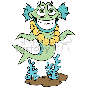This clipart image shows a comical depiction of a light green fish with a funny expression, big eyes, and a toothy smile. The fish is wearing a large, chunky yellow necklace. Behind it, there are two pieces of coral sitting on the brown sea floor, depicted in a simplified and stylized cartoonish manner.
