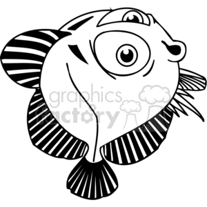 The image is a black and white clipart of a cartoon fish with a humorous expression. The fish features exaggerated features such as a large eye, prominent lips, and striped fins.