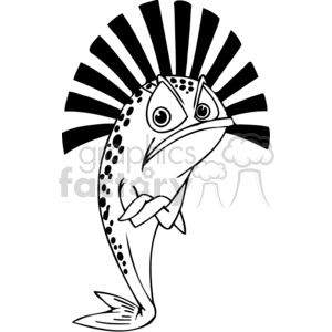 The image shows a black and white clipart of a fish with a humorous human-like expression. The fish is standing upright on its tail fins, which is not possible in reality, adding a whimsical touch to the imagery. The fish's fins are crossed in front of its body like arms, and it has a surprised or disgruntled look on its face with prominent, bulging eyes and a frowning mouth. The fish also sports a spiky fin on its back, resembling a dramatic hairstyle.